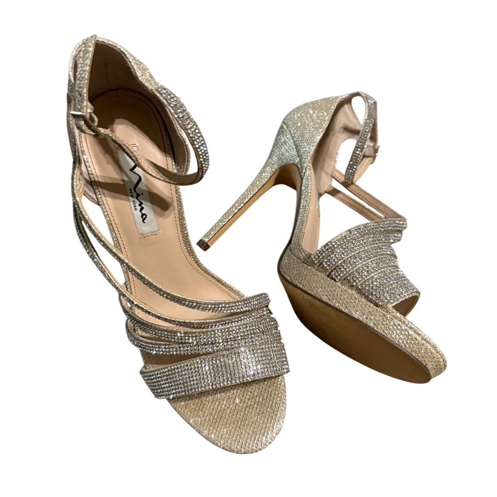 NINA NEW YORK Womens Gold Freyja Round Toe Stiletto Leather Heeled Sandal 8.5